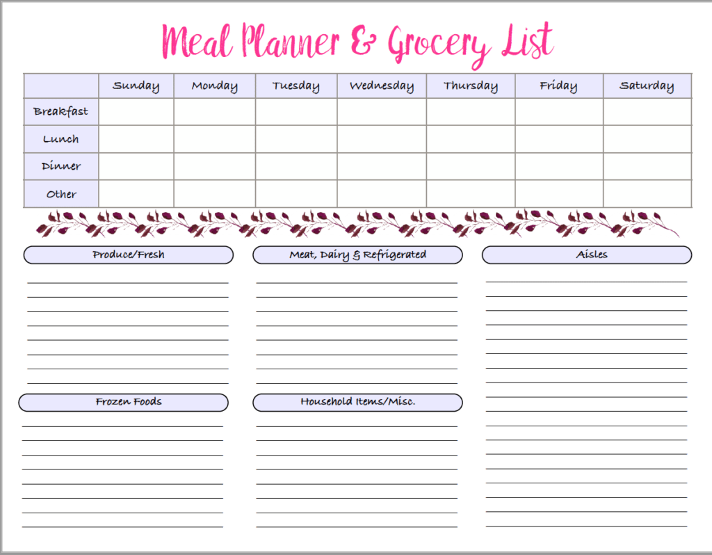 weekly menu printable template