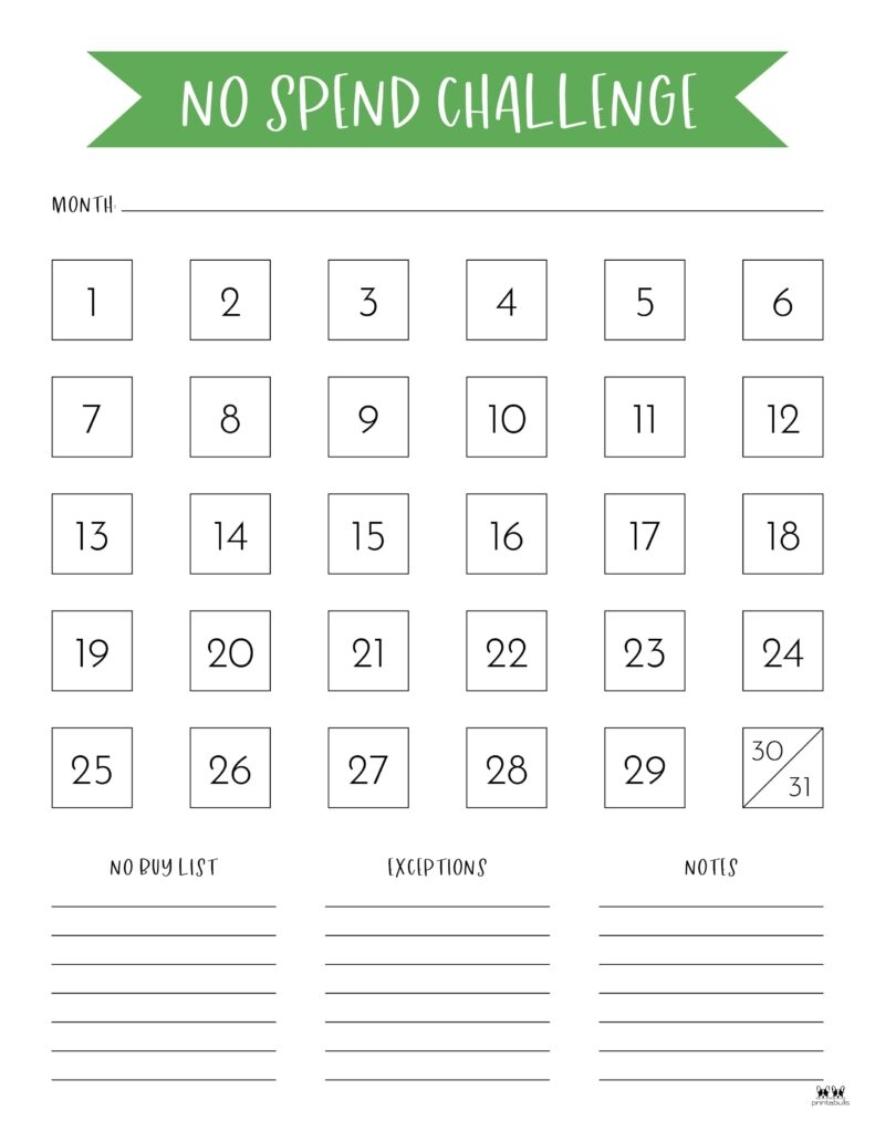 No Spending Challenge Printable