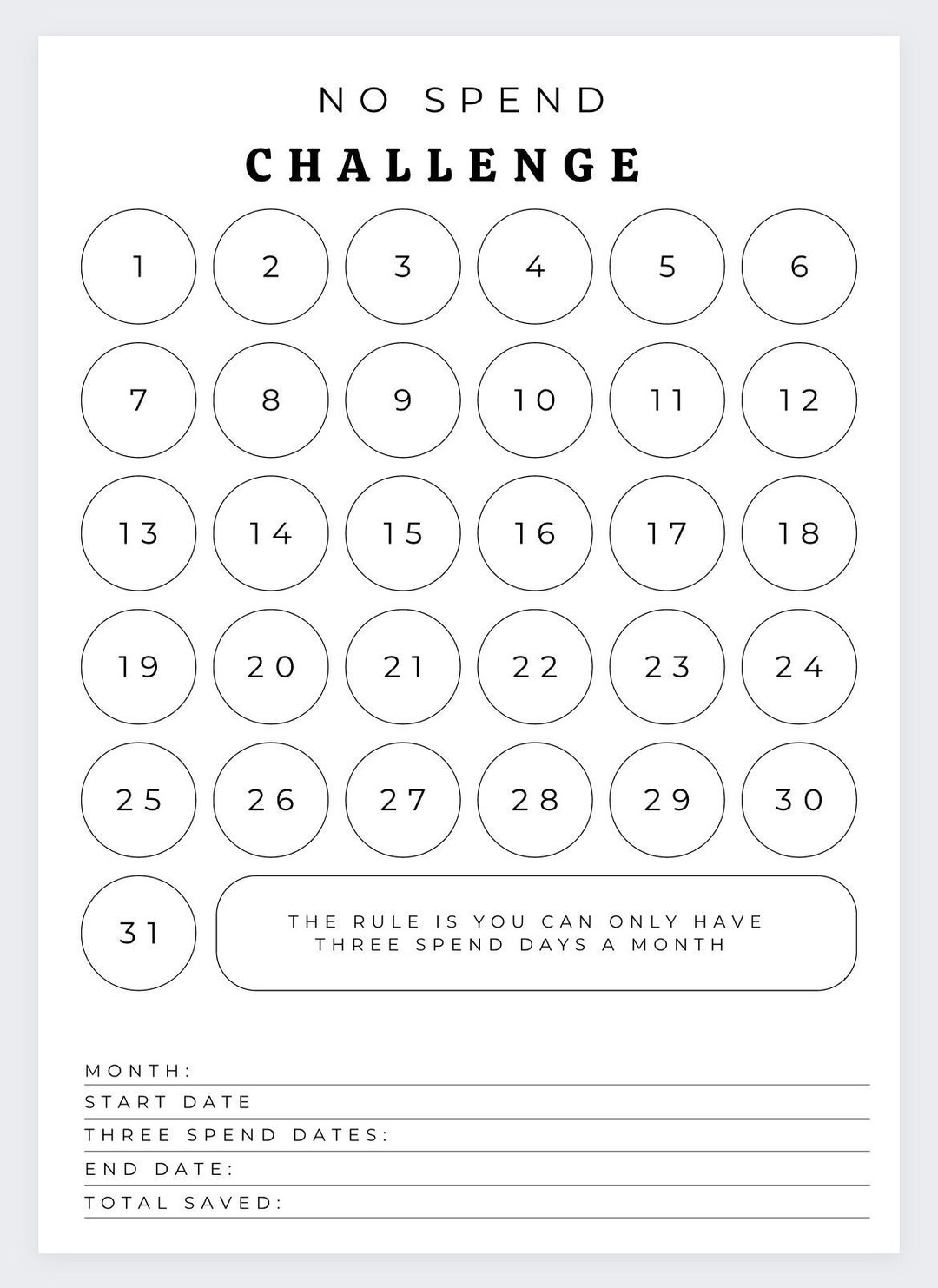 No Spend Month Challenge Tracker Finance Planner printable Etsy
