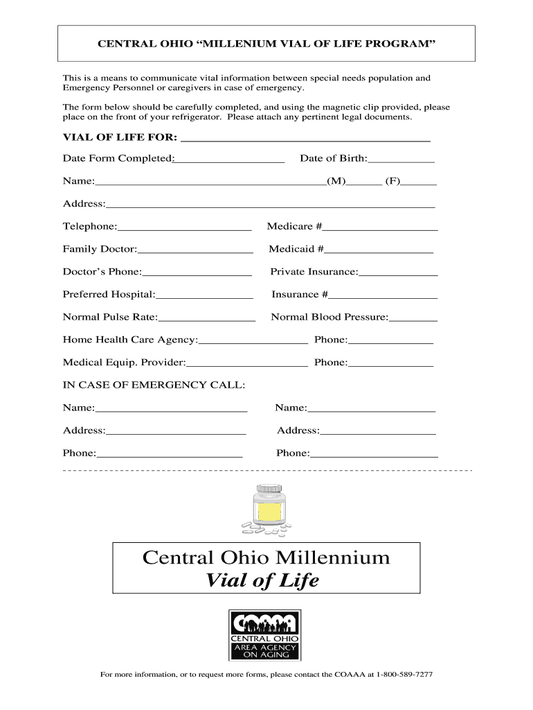 OH Central Ohio Millennium Vial Of Life Form Fill Online Printable Fillable Blank PdfFiller