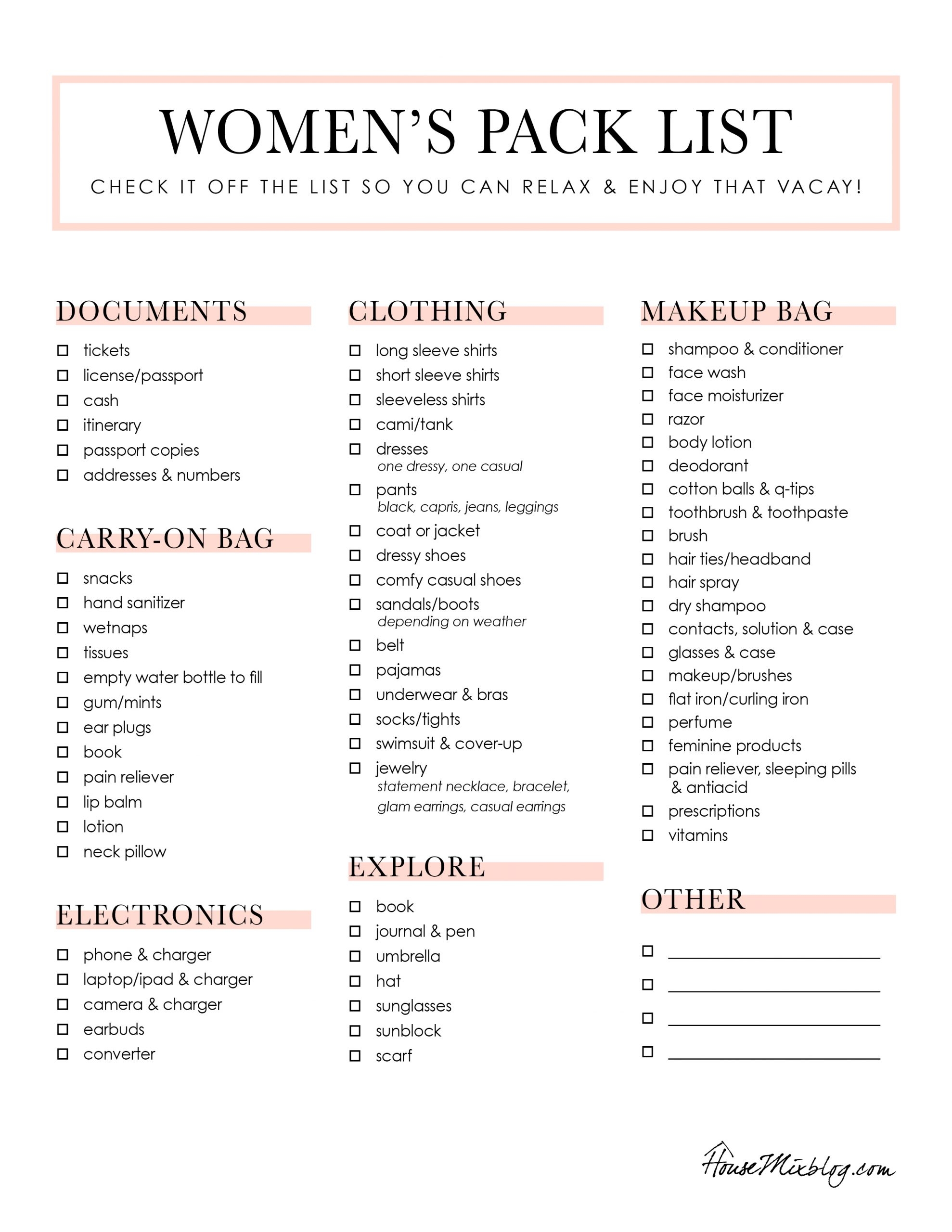 Printable Vacation Packing List