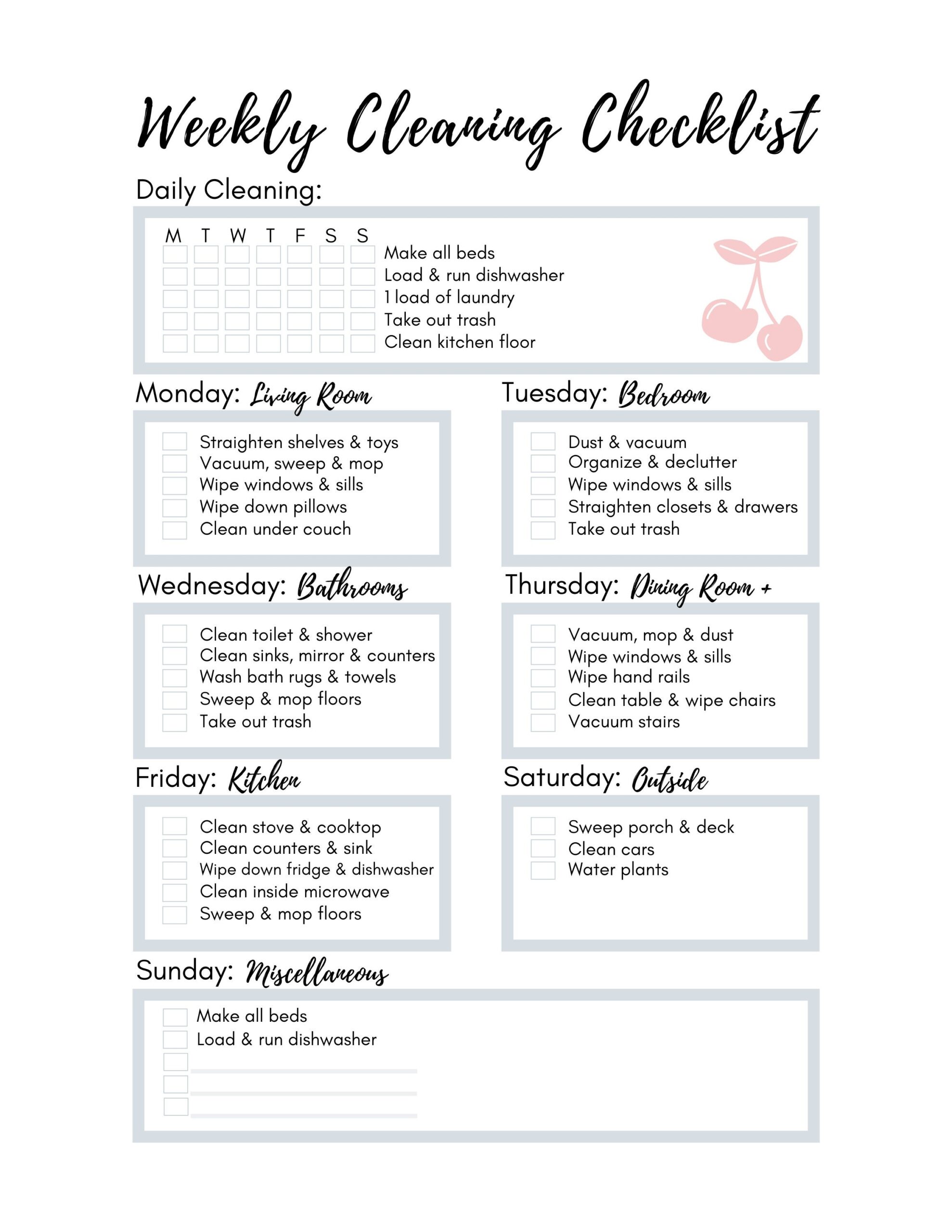 printable daily cleaning checklist