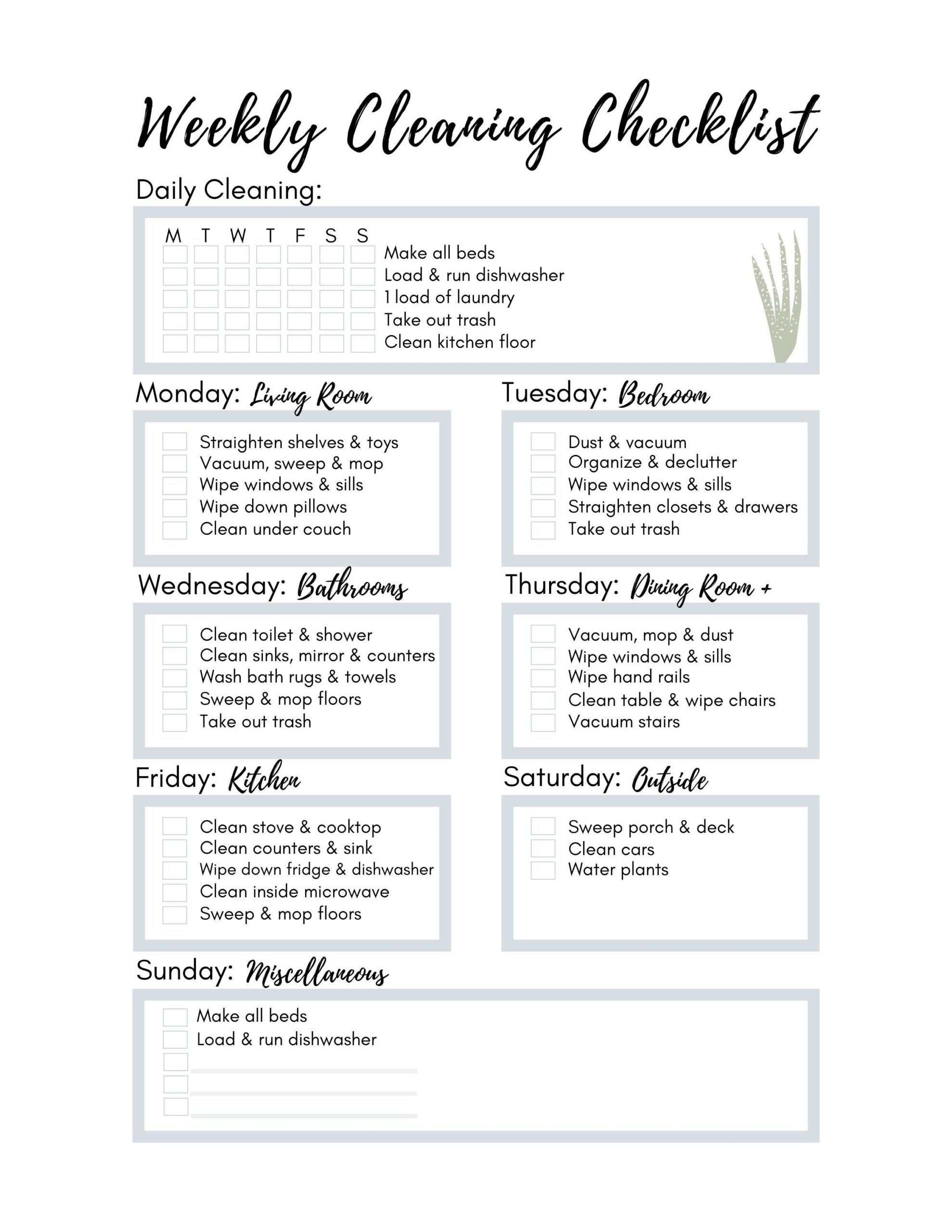 weekly cleaning schedule printable