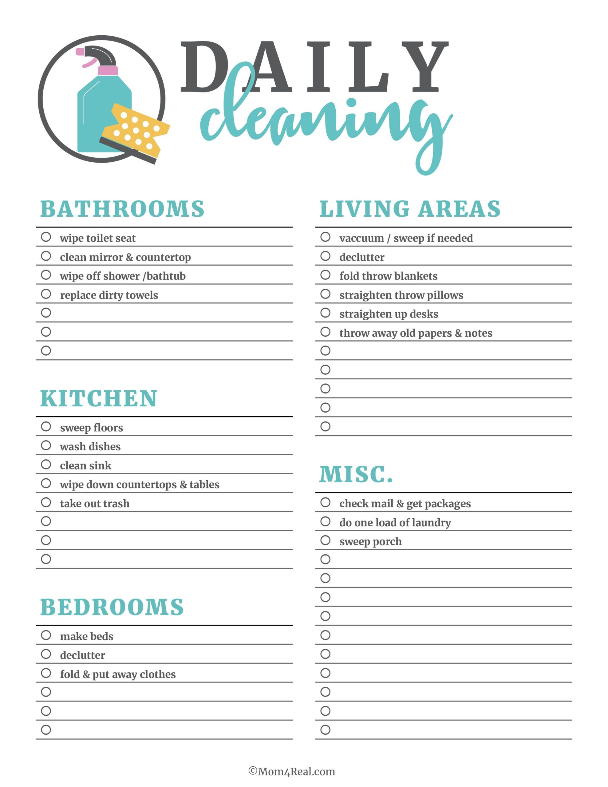 Printable Cleaning Checklists Daily Weekly Monthly Tasks 