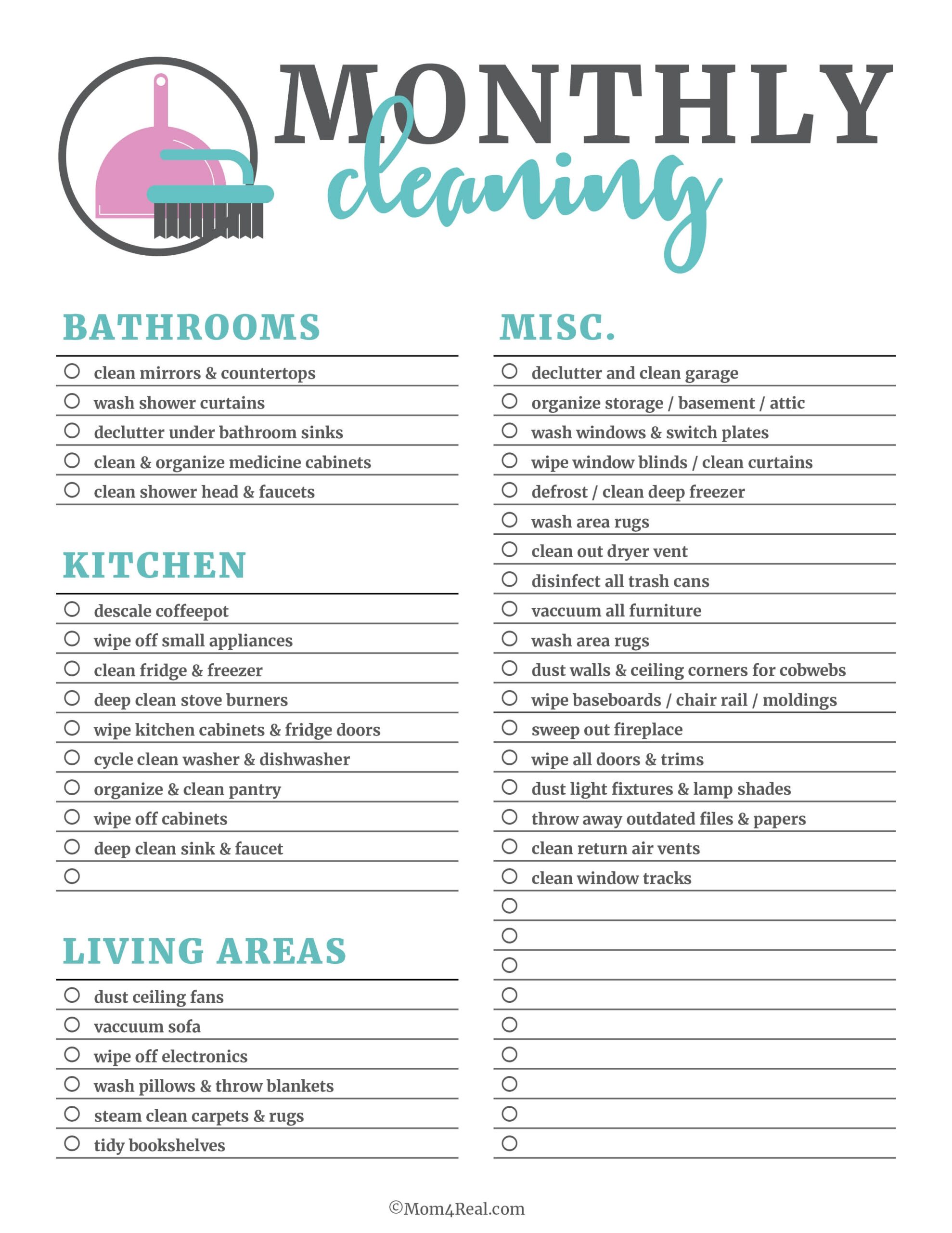 Printable Cleaning Checklists Daily Weekly Monthly Tasks 