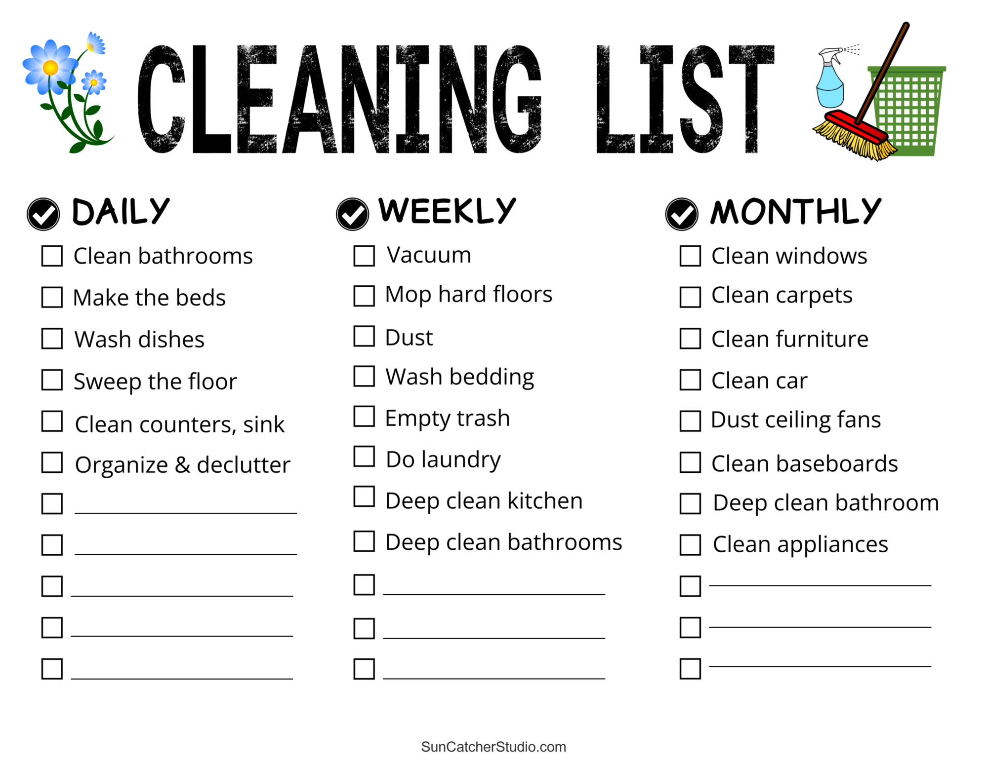Printable Cleaning Schedule Spring Daily Weekly Checklists Free Printables Lettering SVG Files Tools Apps