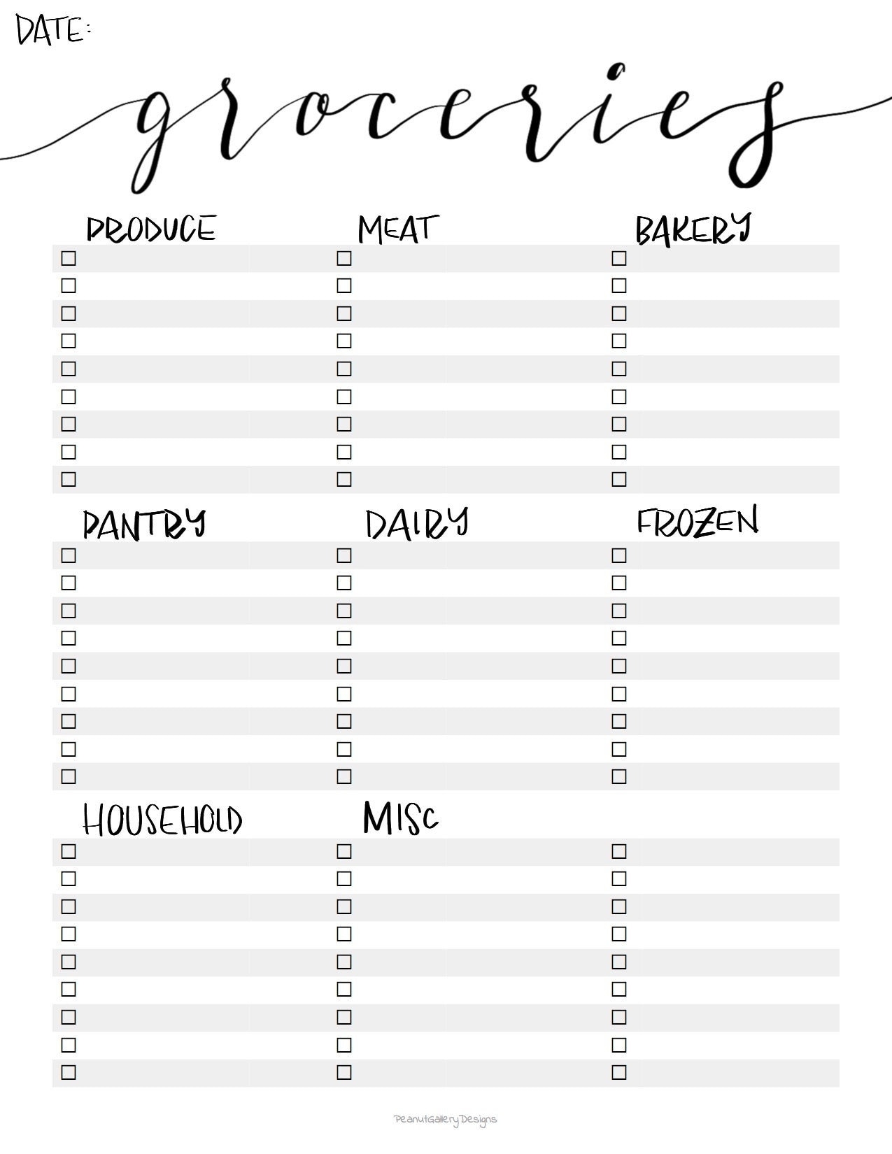 Grocery List Categories Printable