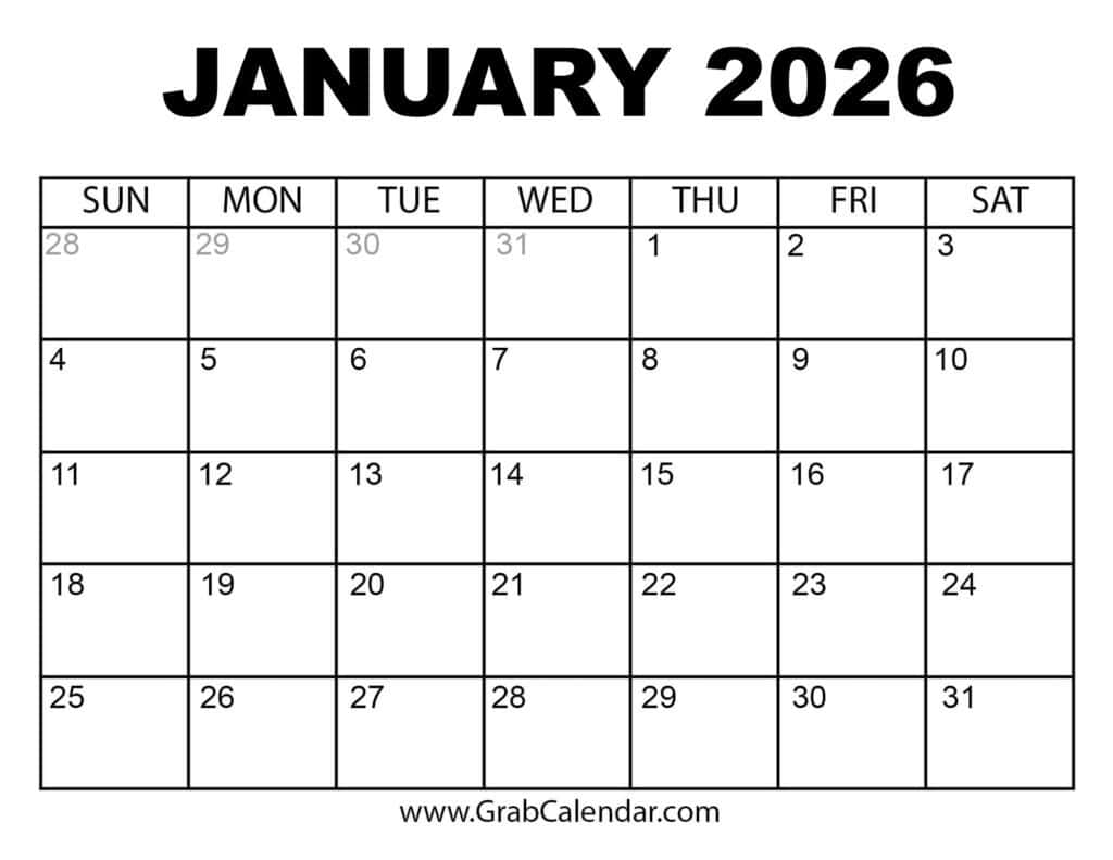 Printable January 2026 Calendar