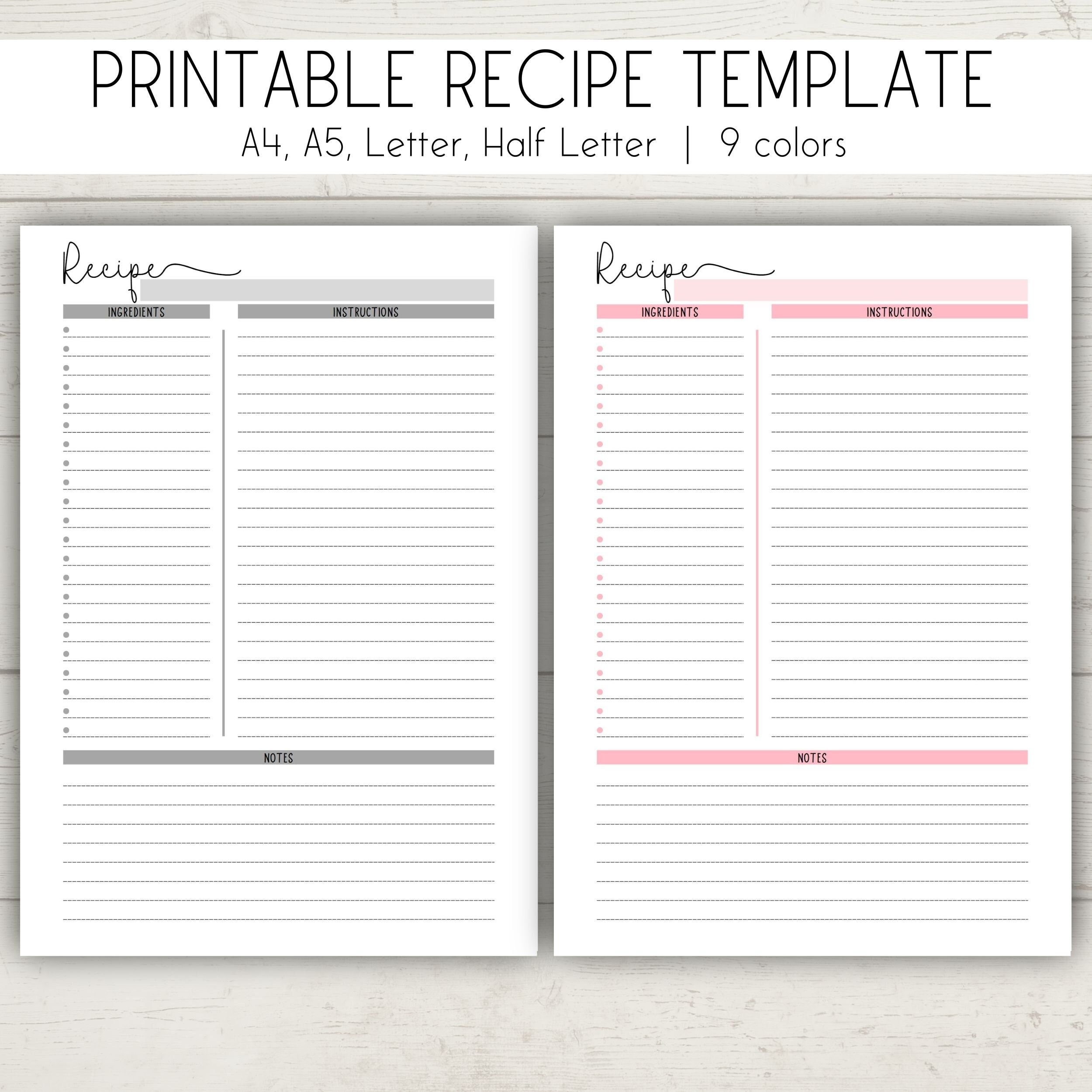 Printable Recipe Template Blank Cookbook Pages PDF Etsy