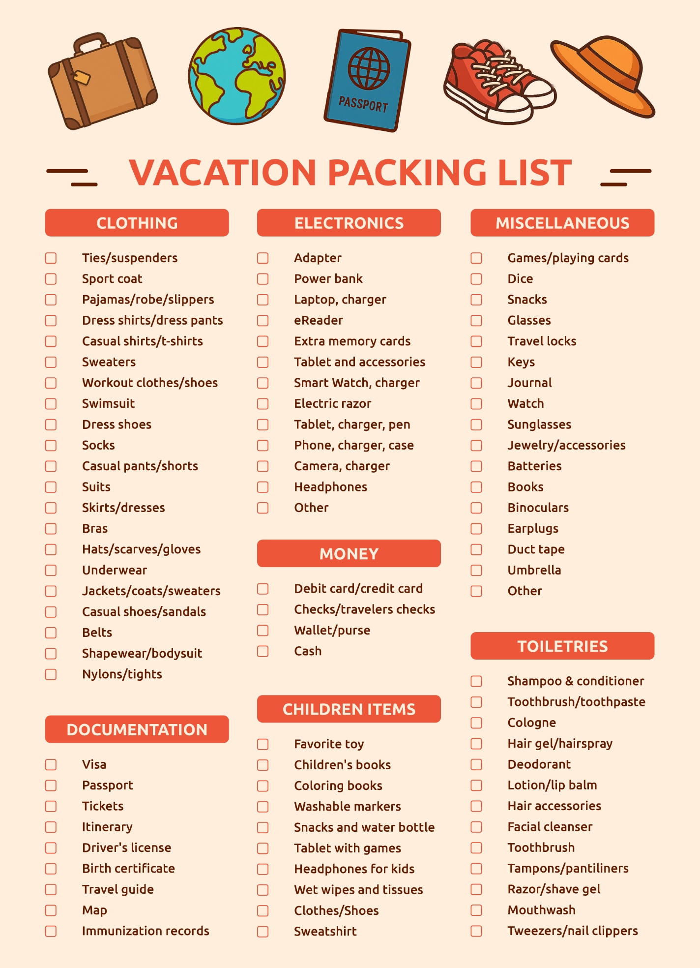 printable vacation packing checklist