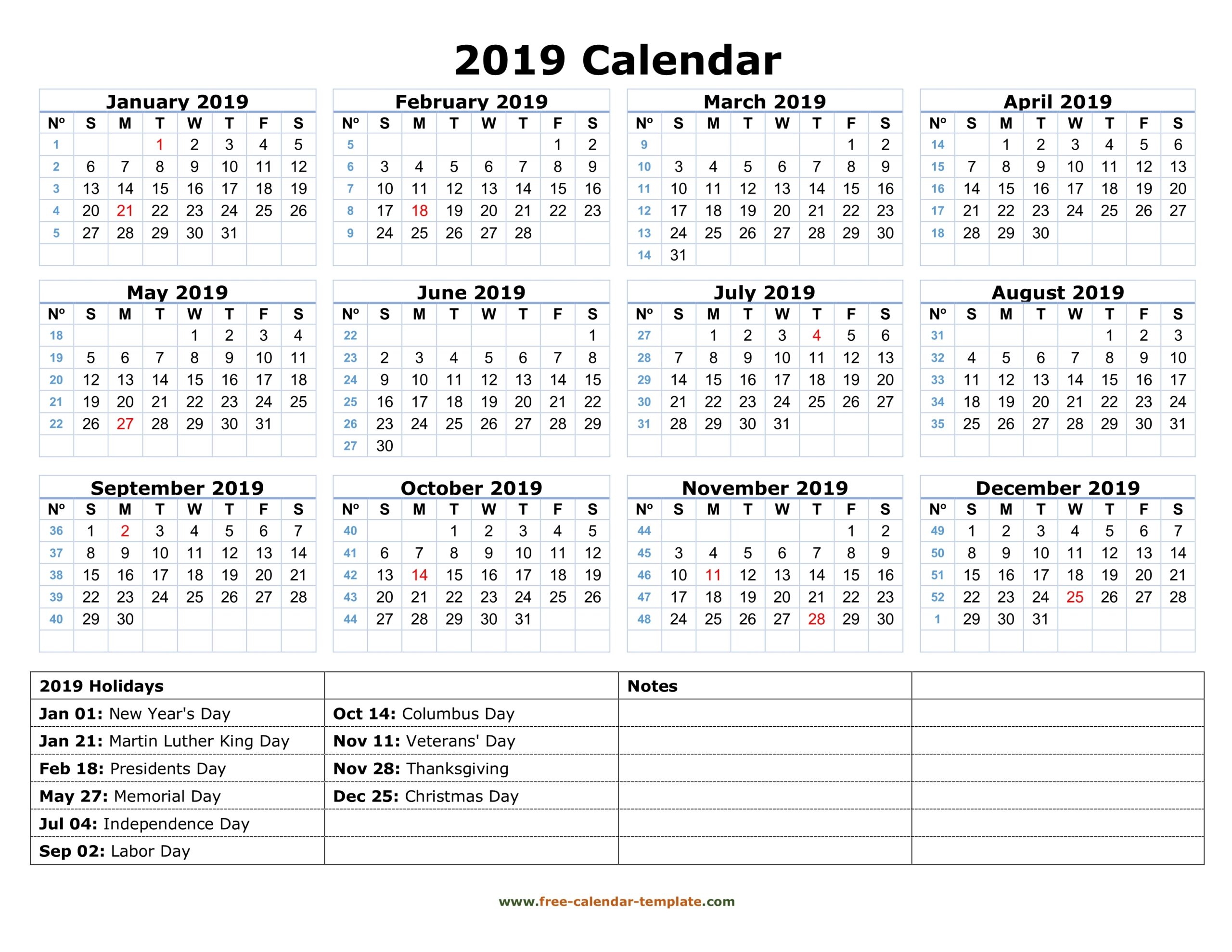 Printable Yearly Calendar 2019 With US Holidays Free calendar template Printable Yearly Calendar 2019 With US Holidays Free calendar template