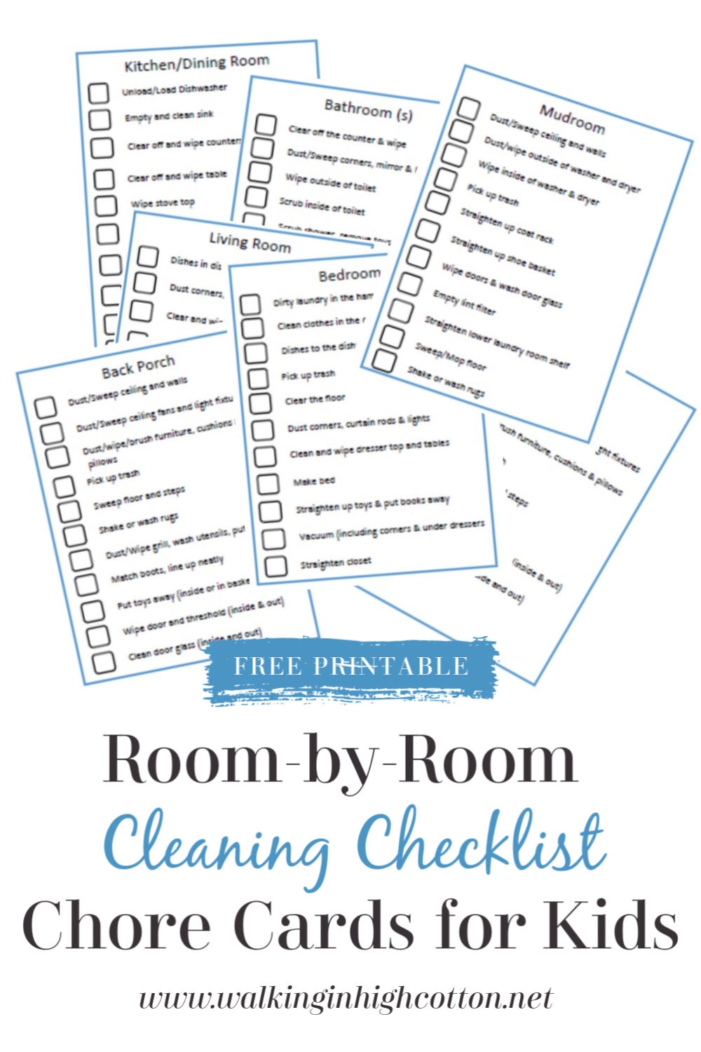 Room by Room Cleaning Checklist Chore Cards For Kids FREE Printable Walking In High Cotton Room by Room Cleaning Checklist Chore Cards For Kids FREE Printable Walking In High Cotton
