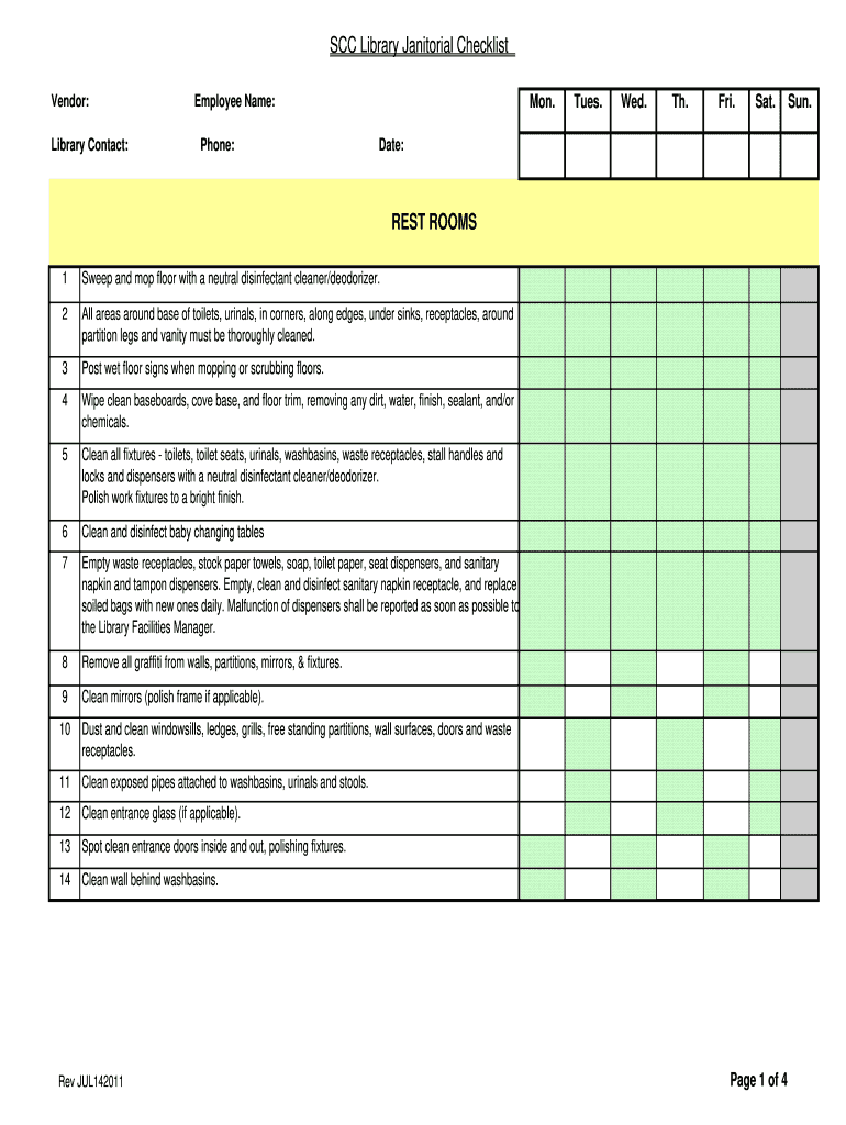 SCC Library Janitorial Checklist Form Fill Online Printable Fillable Blank PdfFiller SCC Library Janitorial Checklist Form Fill Online Printable Fillable Blank PdfFiller