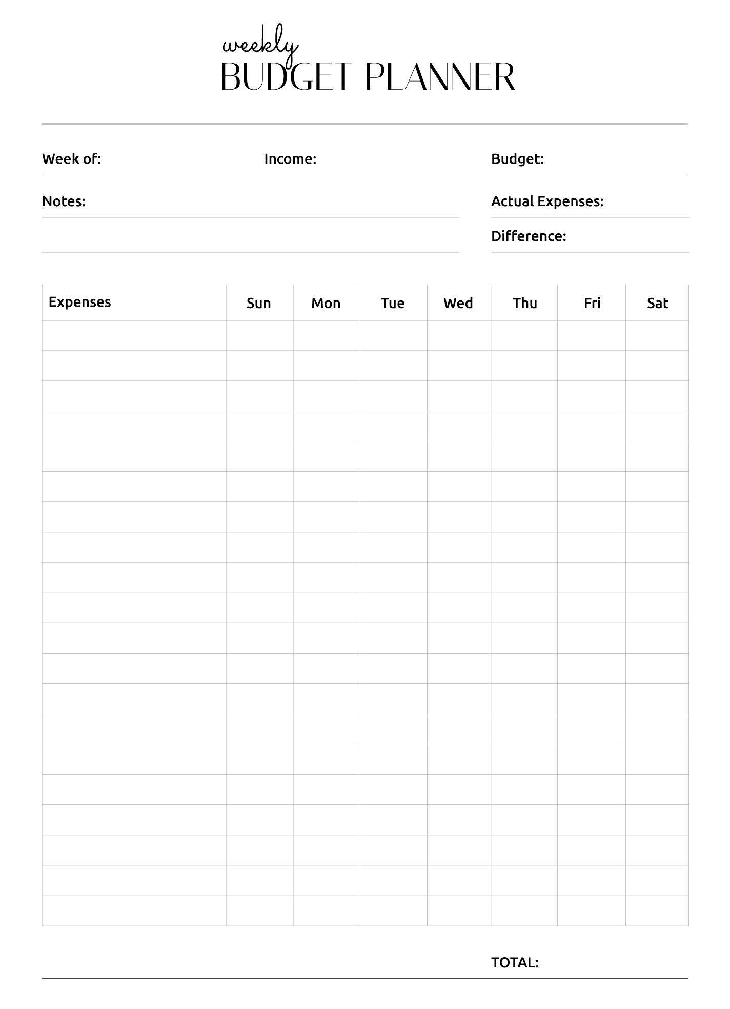 weekly budget template printable