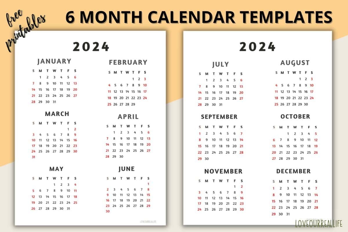 Six Month Printable Calendar