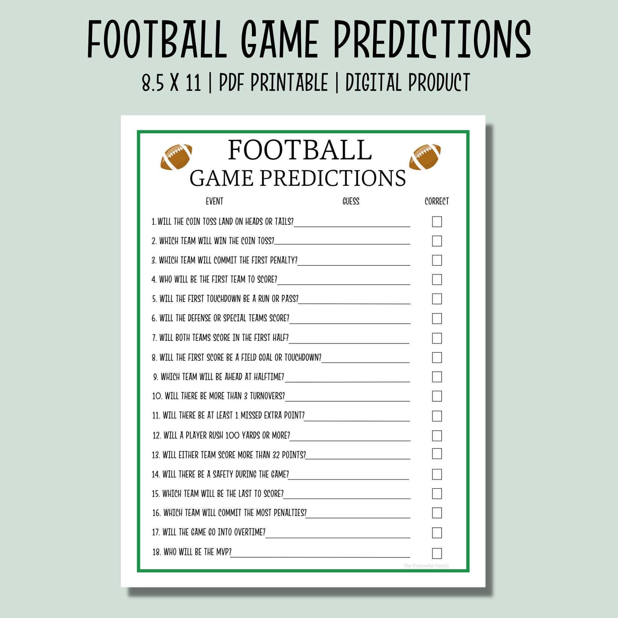 Super Bowl Predictions Game Printable Super Bowl Party Game Super Bowl 2025 Instant Download Game Football Betting Etsy