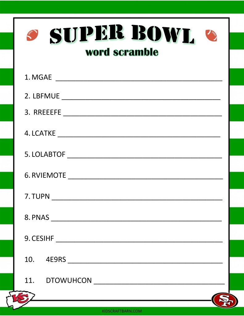 Super Bowl Word Scramble Free Printable Kids Craft Barn