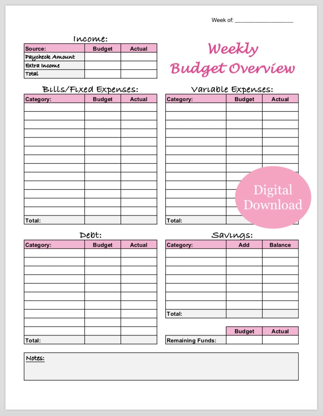 Weekly Budget Overview Template Printable pink Etsy Israel Weekly Budget Overview Template Printable pink Etsy Israel