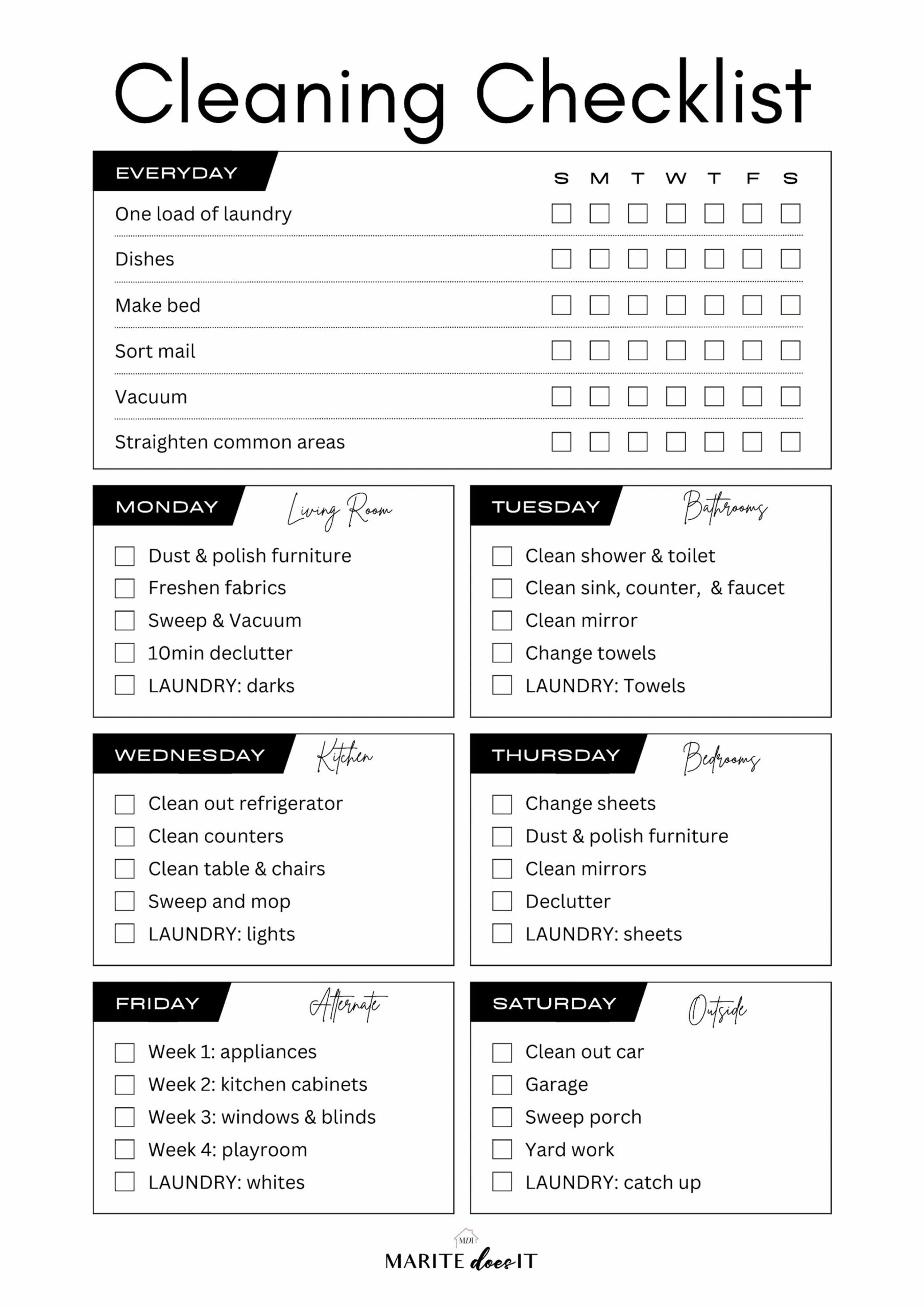 Weekly Cleaning Schedule free Printable 