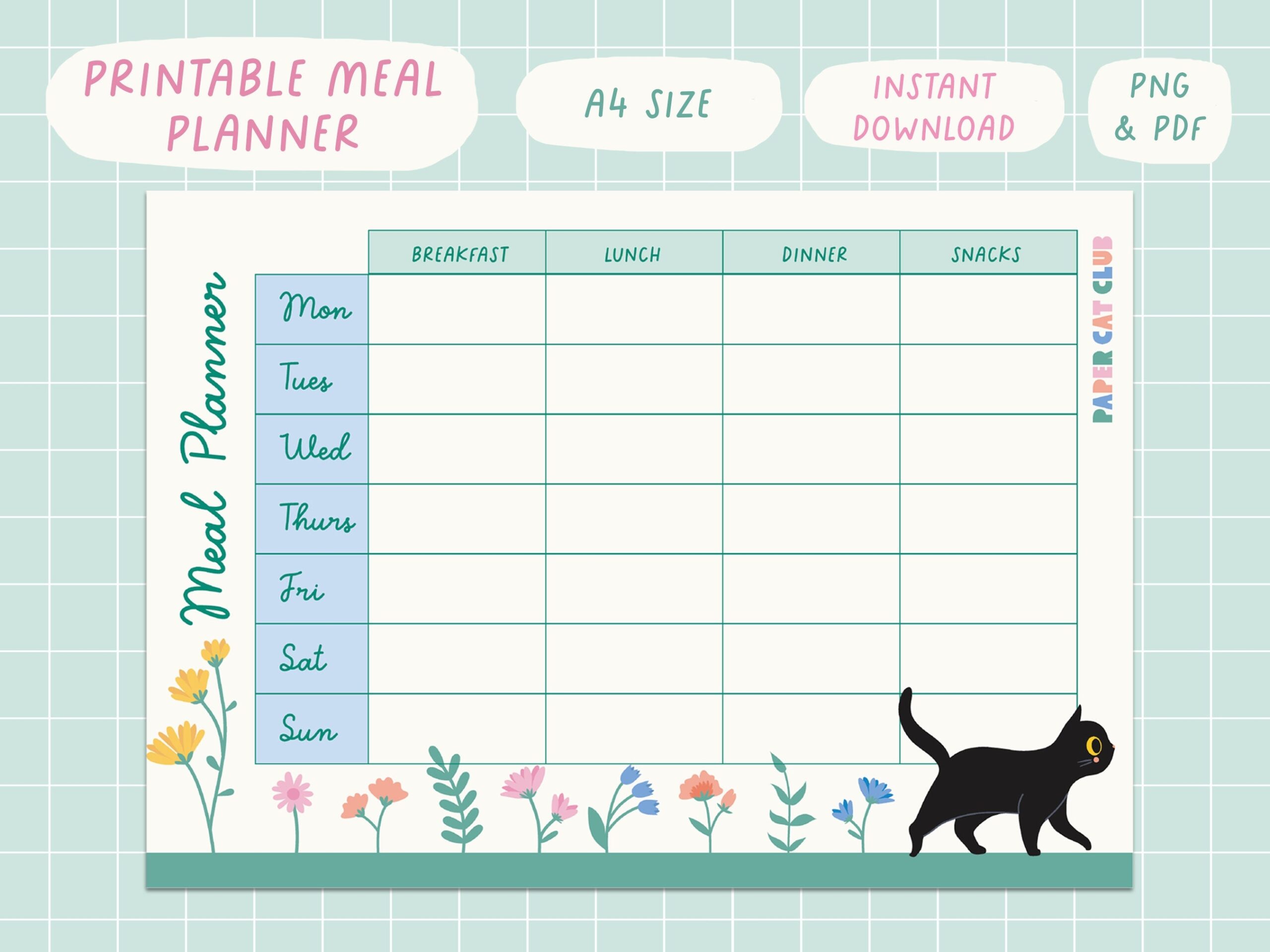 Weekly Meal Planner Printable Cute A4 Digital Download Instant Download PDF PNG Cat Themed Meal Planning Template Etsy