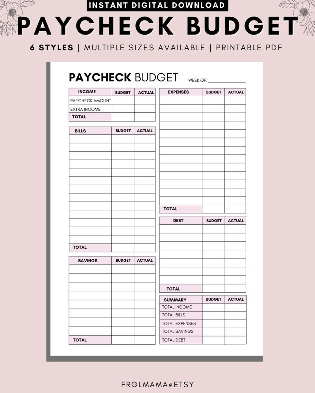 Weekly Paycheck Budget Printable A4 A5 Letter PDF Etsy