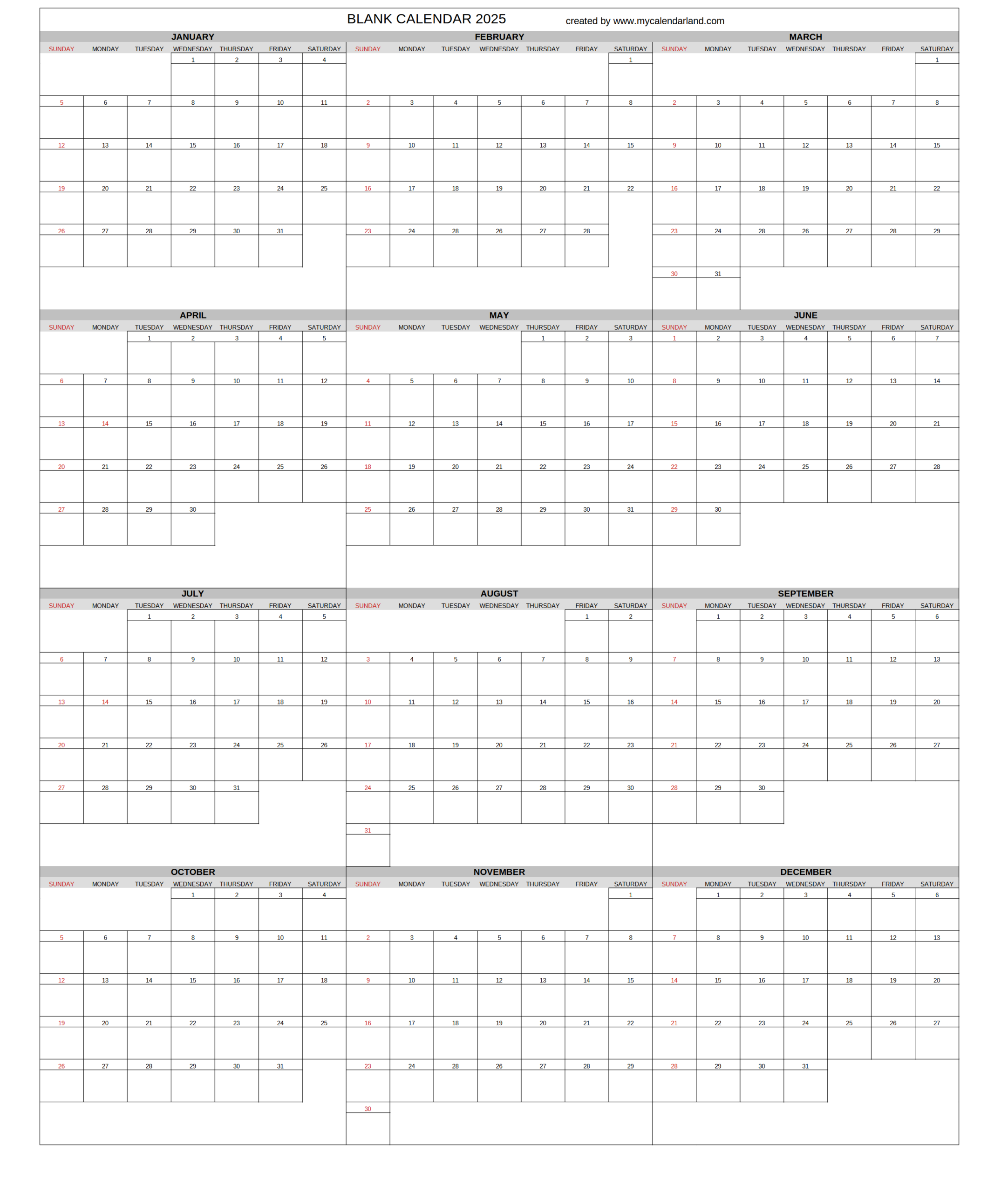 yearly printable calendar free
